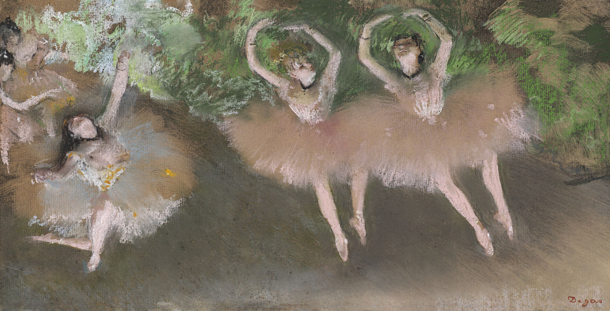 Edgar Degas (French, 1834–1917). Ballet Scene (Scène de ballet), c. 1879. Pastel over monotype on paper. Plate: 8 x 16 in. (20.3 x 40.6 cm). William I. Koch Collection.