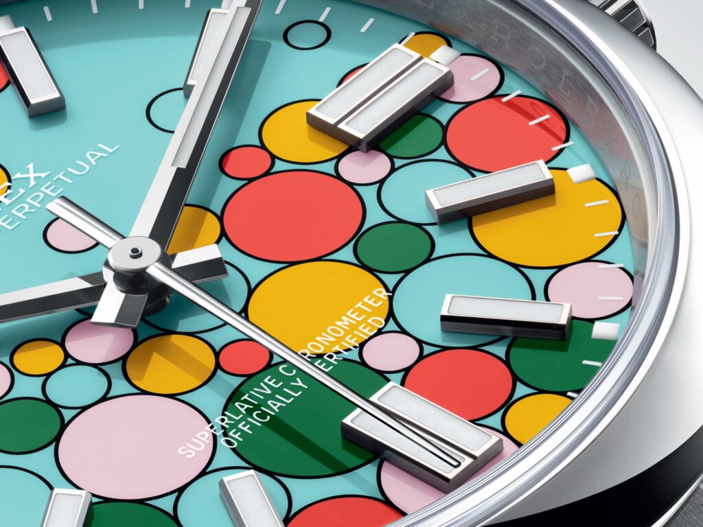 Rolex Oyster Perpetual con burbujas de colores en la esfera de laca