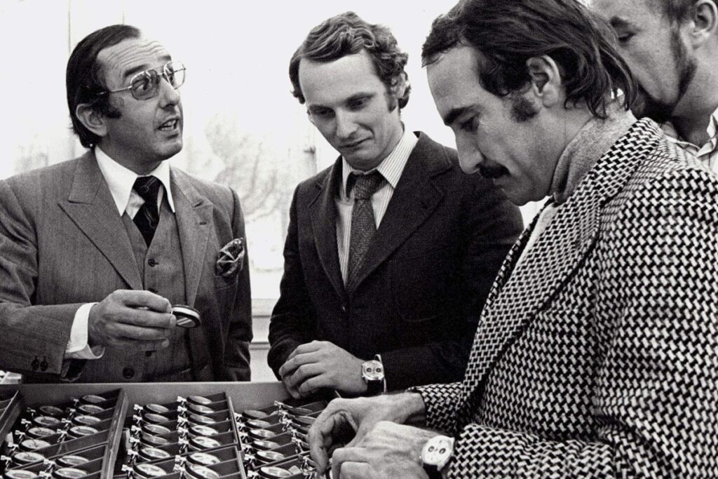 Niki Lauda and Clay Regazzoni visiting the Heuer workshops in Biel, Switzerland, in 1970 / Photo via TAG Heuer