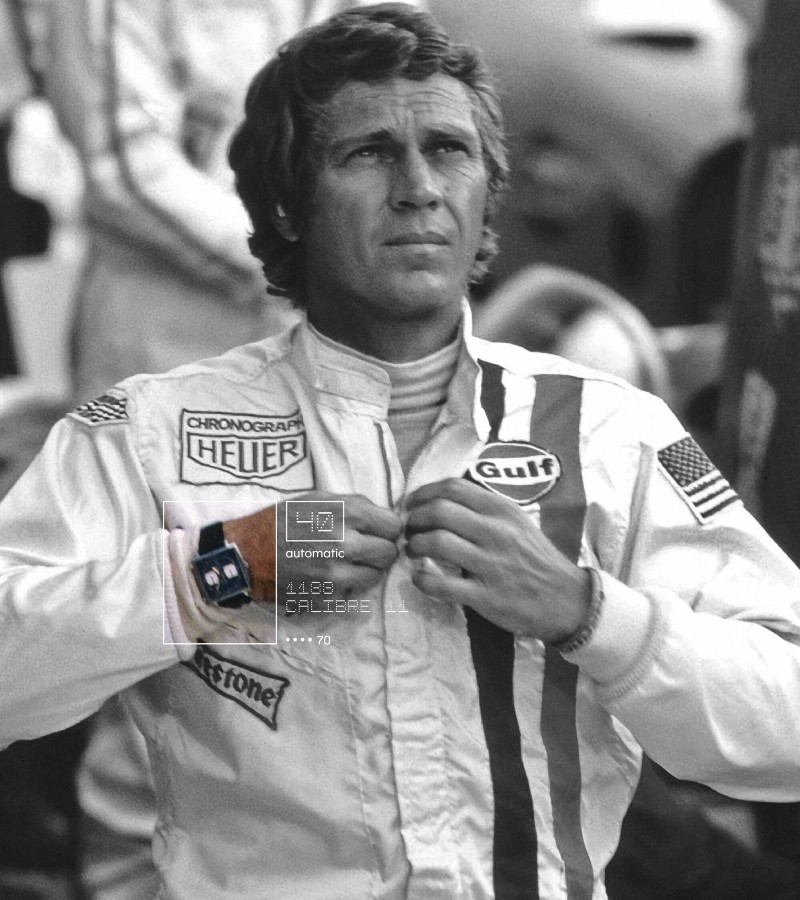 Steve McQueen wearing a Monaco watch in the film Le Mans (1971). / Photo via TAG Heuer