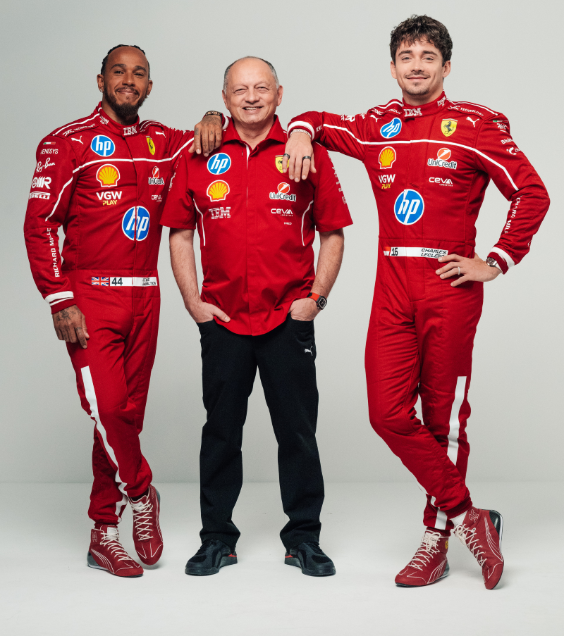 Lewis Hamilton; Frederic Vasseur, Team Principal; and Charles Leclerc / Photo Ferrari