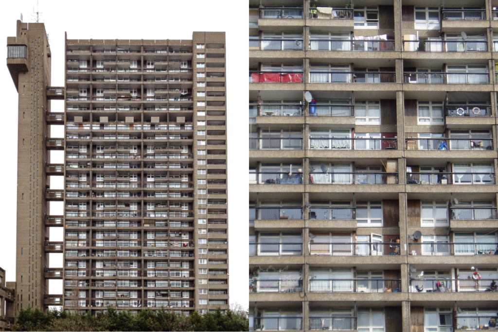 On the left, Trellick Tower. On the right, detail of the balconies