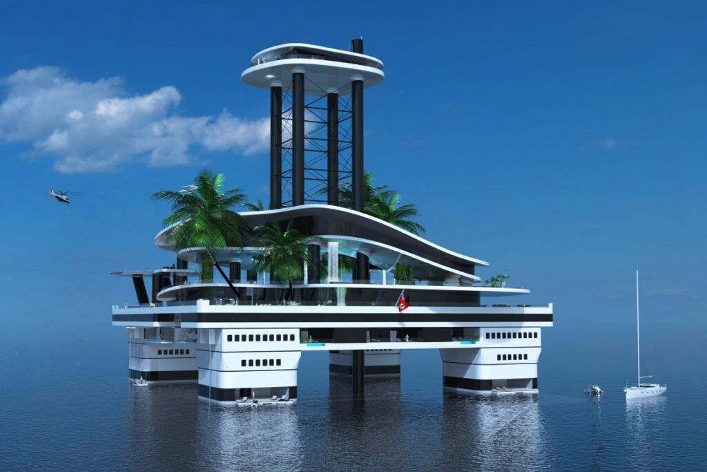 The yacht features lavish amenities, including a deck, a lush jungle, a cascading waterfall, and an open-air dining space / Photo Migaloo Private Submersible Superyachts