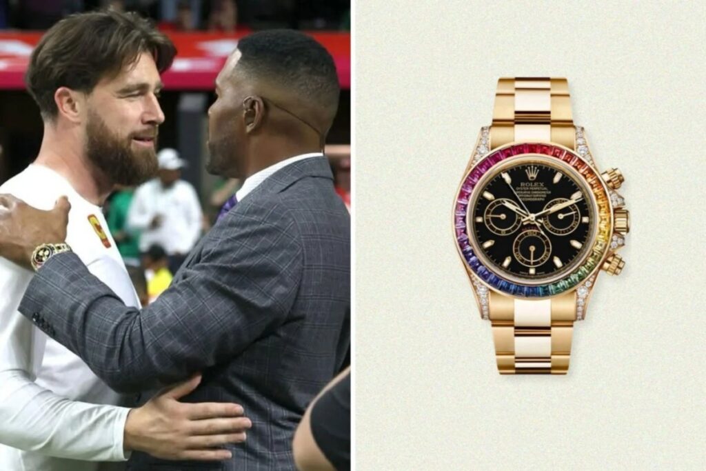 Former NFL star Michael Strahan wearing a Rolex Cosmograph Daytona Rainbow / Photo via Rolex