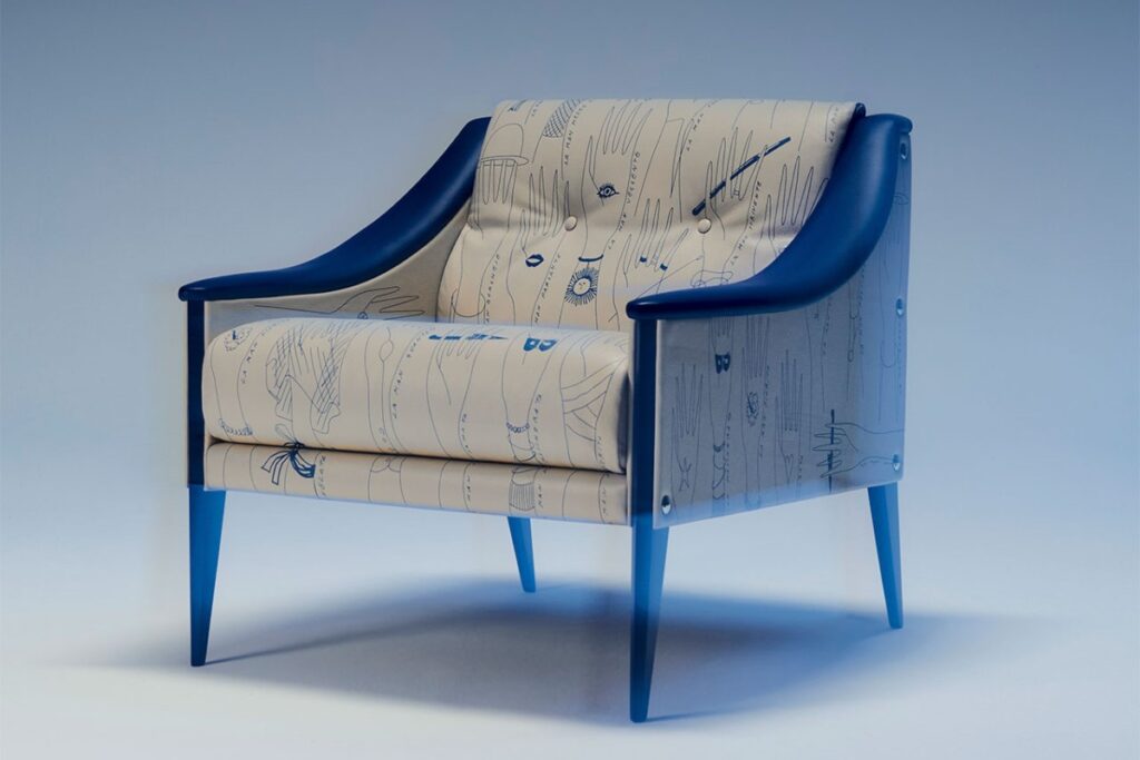 the upholstery of this special edition showcases 26 uniquely designed hands / Photo via Poltrona Frau