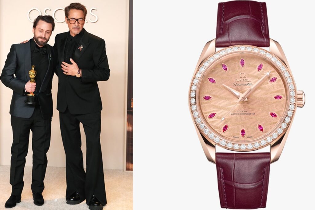 He wore an Omega Seamaster Aqua Terra 150M in 38 mm, crafted from Sedna™ gold and paired with a leather strap / Photo The Oscars