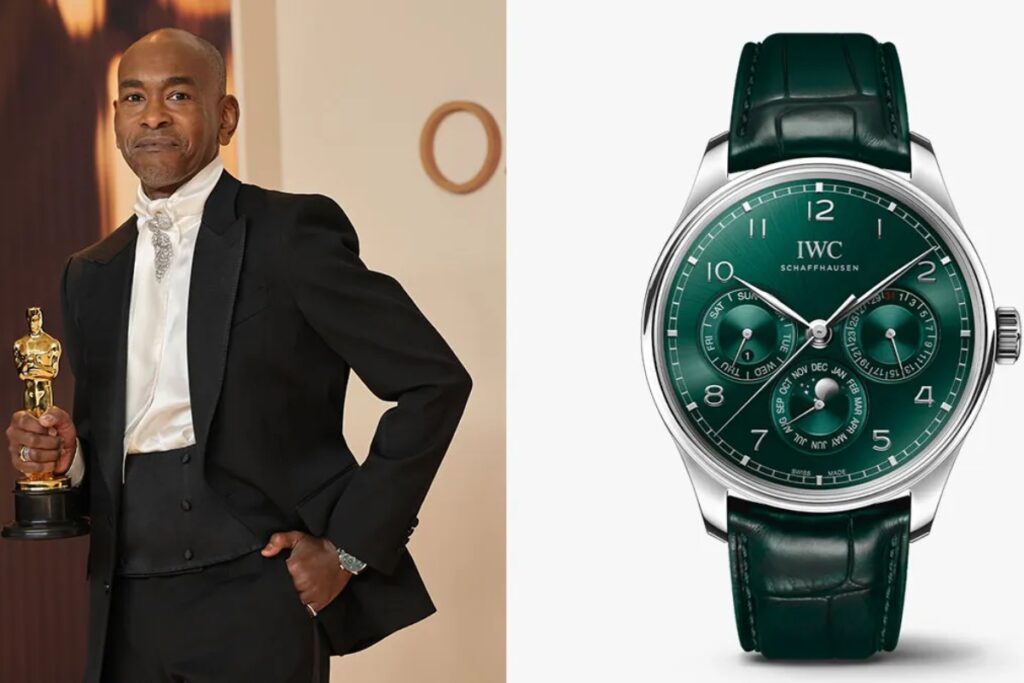 He wore an IWC Portugieser Perpetual Calendar in 42 mm with a striking green dial / Photo The Oscars