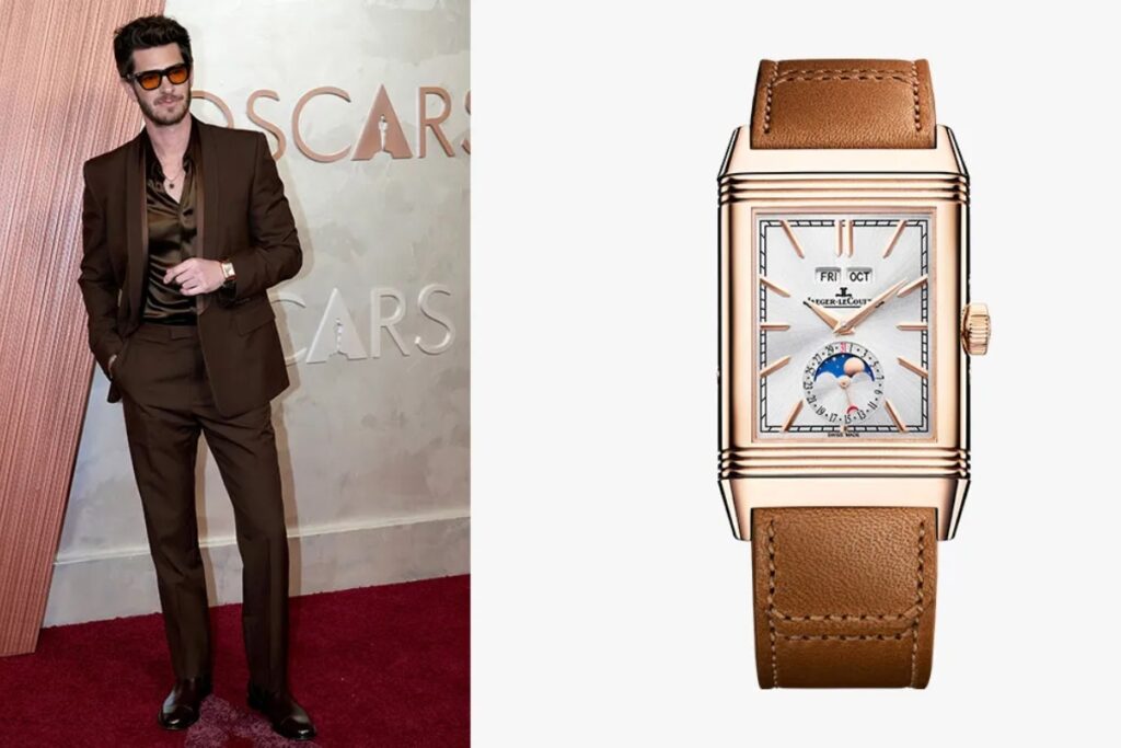 His watch, the Jaeger-LeCoultre Reverso Tribute Duoface Calendar, matched the retro aesthetic / Photo The Oscars