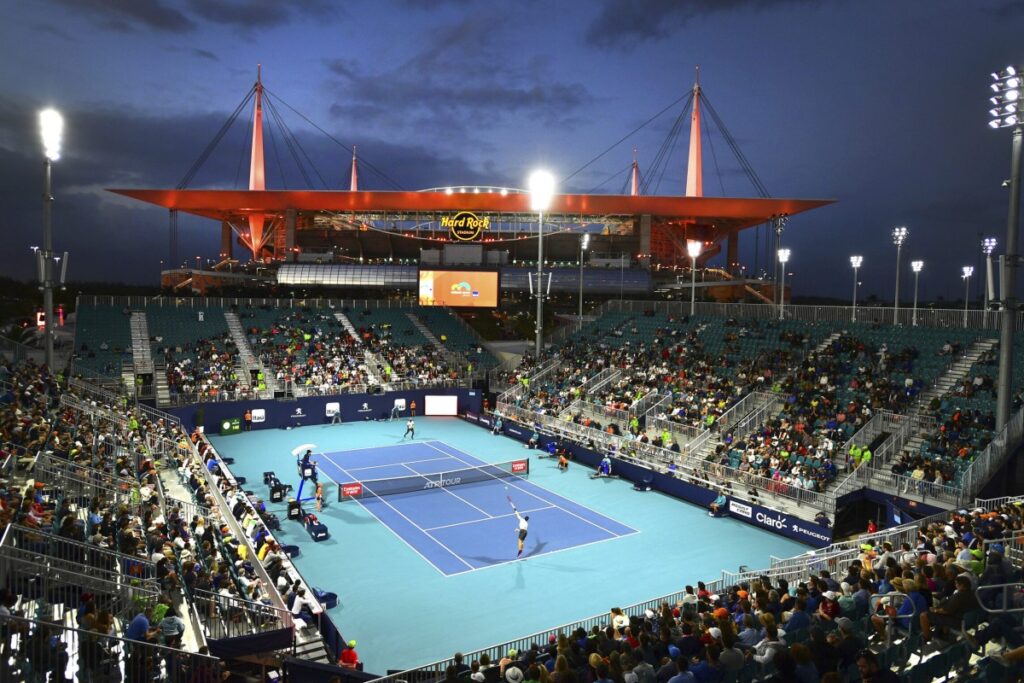 Hard Rock Stadium is transformed into a state-of-the-art tennis facility, featuring multiple courts, including the central Stadium Court / Photo via Hard Rock Stadium