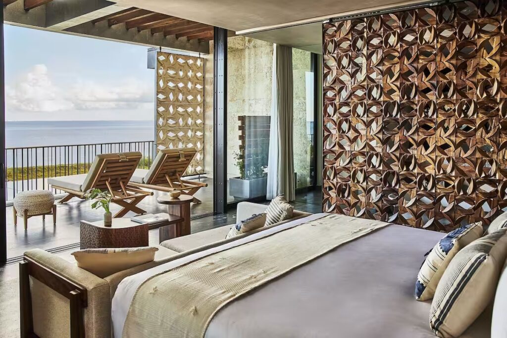 Each of the 75 suites at Etéreo, Auberge Resorts Collection is designed to showcase breathtaking ocean views, with floor-to-ceiling sliding glass doors that open onto private terraces overlooking the mangroves / Photo via Etéreo, Auberge Resorts Collection