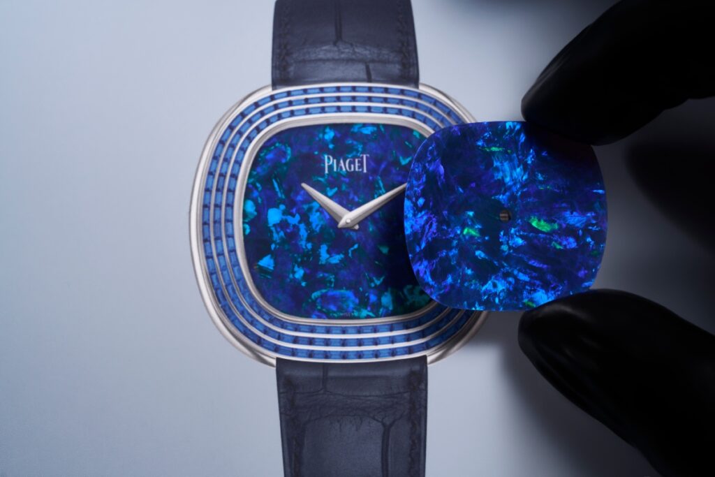 Both meteorite versions showcase applied gold hour markers and refined dauphine hands—classic, minimalist touches that offset the bold texture of the stone dials. / Photo Piaget