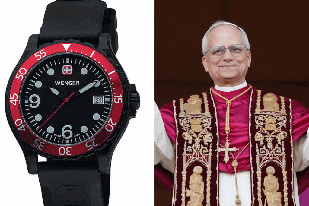 Pope Leo XIV was spotted wearing a black Wenger Military Range diver-style watch.