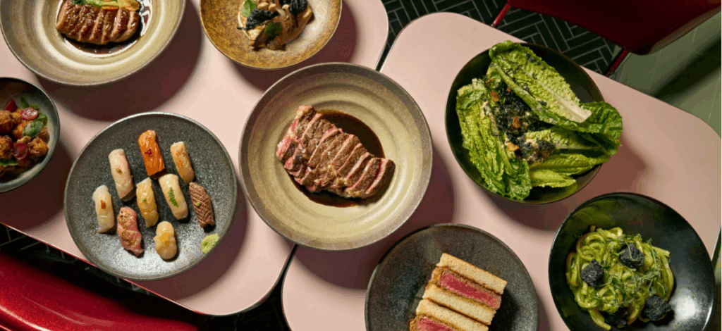 Part of the menu: rib eye, katsu sando, Dekotora nigiris, and mushrooms in Niño Gordo / Photo Ruben Cabrera