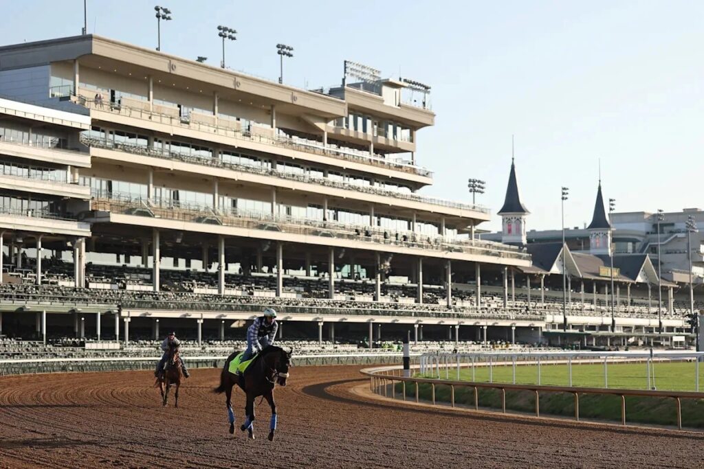 Despite the festive spirit, Mother Nature added a layer of difficulty. Earlier showers had soaked the surface, leaving the dirt track slick and sloppy for the 19 thoroughbreds and the more than 147,000 fans who braved the chilly, overcast weather / Photo via Kentucky Derby