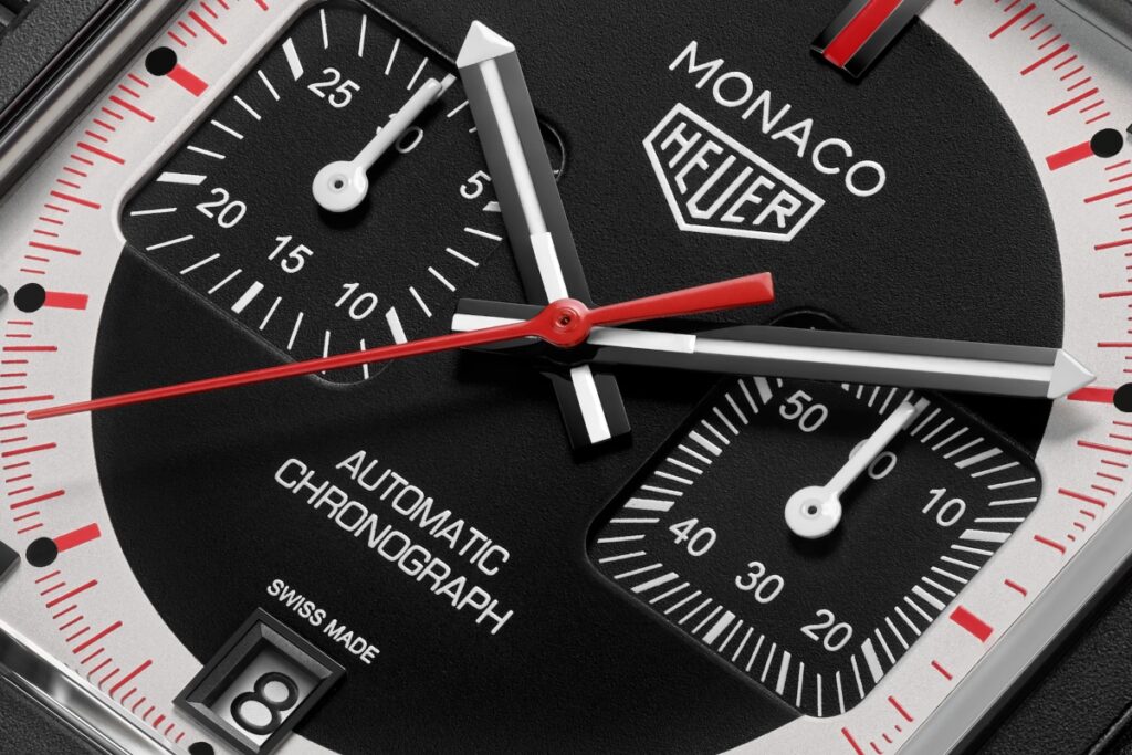 The new Monaco design mirrors the original color language: black, white, and red—the hallmarks of historic Heuer timing gear / Photo TAG Heuer