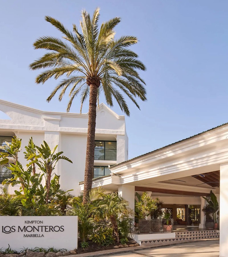 The hotel’s bold color palette extends from public spaces into each of the 195 guest rooms, spread across four distinct buildings / Photo via Kimpton Los Monteros
