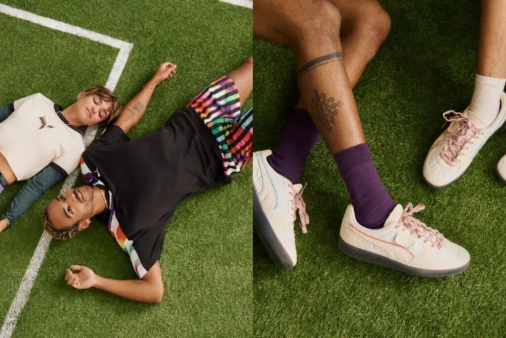 This collection includes colorful sneakers, slides, sportswear, and caps, all infused with rainbow detailing / Photo via Puma
