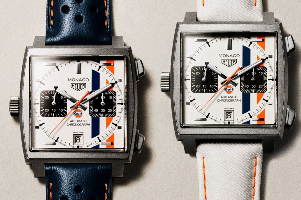 This year’s reinterpretation, the TAG Heuer Monaco Chronograph x Gulf, pays homage to that legacy with a fresh white dial and bold Gulf livery. / Photo Tag Heuer
