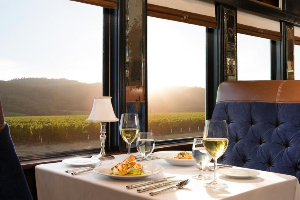 In the rolling hills of Northern California, the Napa Valley Wine Train offers a culinary escape through one of the world’s most celebrated wine regions / Photo via Napa Valley Wine Train