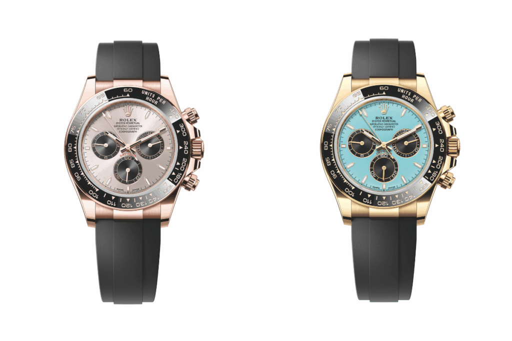 Sinner’s Daytona is the Ref. 126515LN with an Everose gold case, Alcaraz’s choice, the Ref. 126518LN in yellow gold and turquoise dial