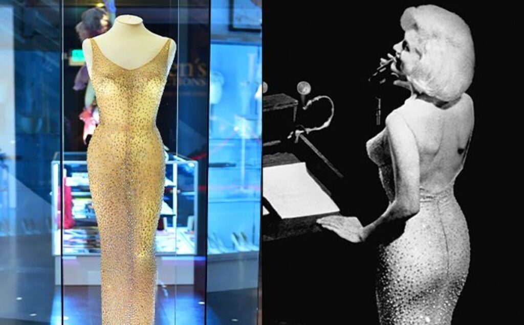 Her sheer, crystal-covered dress by Jean Louis became the most expensive dress ever auctioned, selling for $4.8 million.