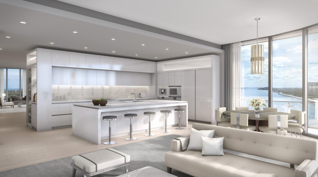 With utility rooms, floor-to-ceiling windows, and open flow-through plans optimizing views and natural light / Photo via The Bristol Palm Beach