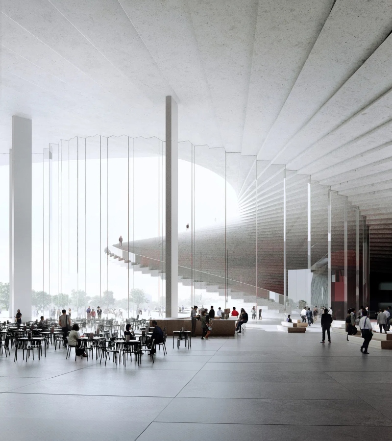 The integration of landscape architecture ensures seamless connectivity between the opera house and its surroundings, promoting accessibility and public engagement. / Photo via The Shanghai Grand Opera House