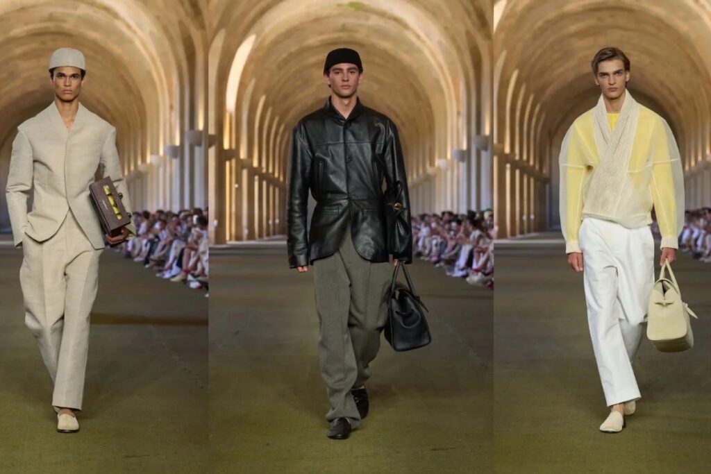 Though shown during menswear week, Jacquemus SS26 is anything but binary. Short linen jackets and wide trousers share space with romantic dresses / Photo Jacquemus