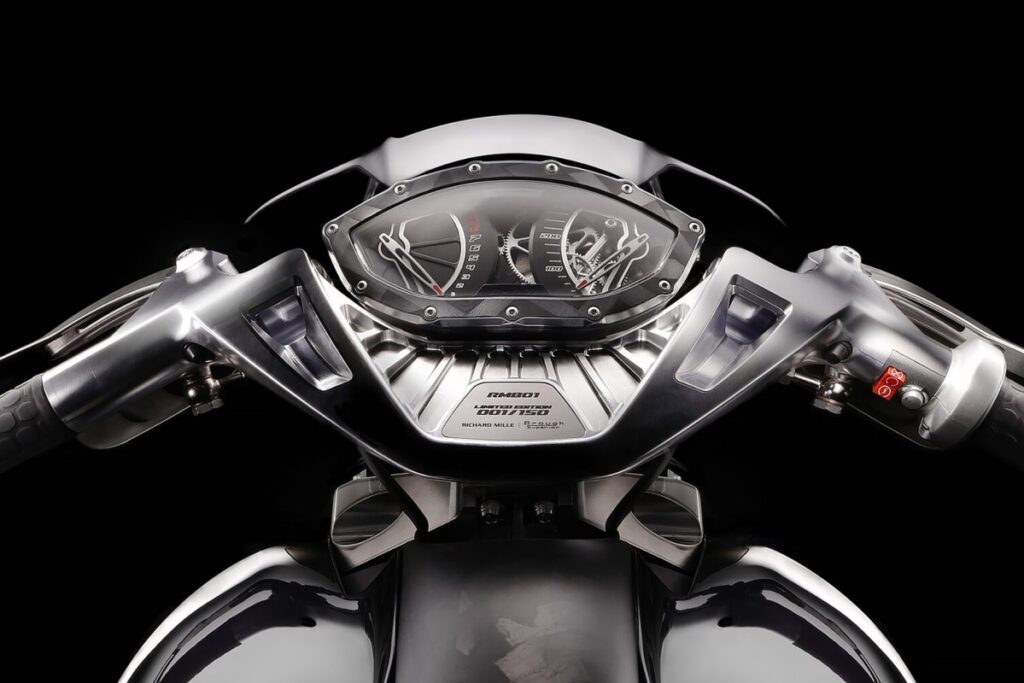 The analog speedometer and gear-like wheels echo the signature complications of a tourbillon. It’s a design that turns timekeeping into speed, and mechanics into elegance. / Photo Richard Mille