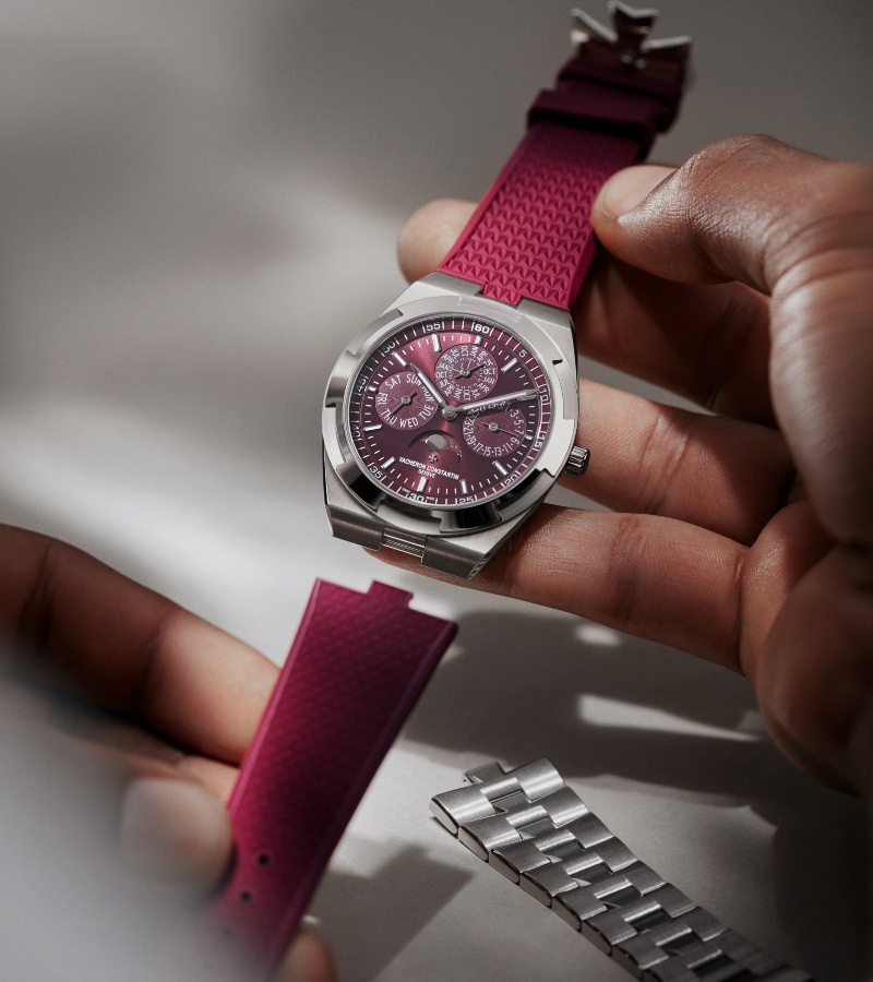 The pink gold model elevates subtlety, featuring a sunburst satin-finished dial with blue minute markers and a matching moon-phase display. / Photo Vacheron Constantin