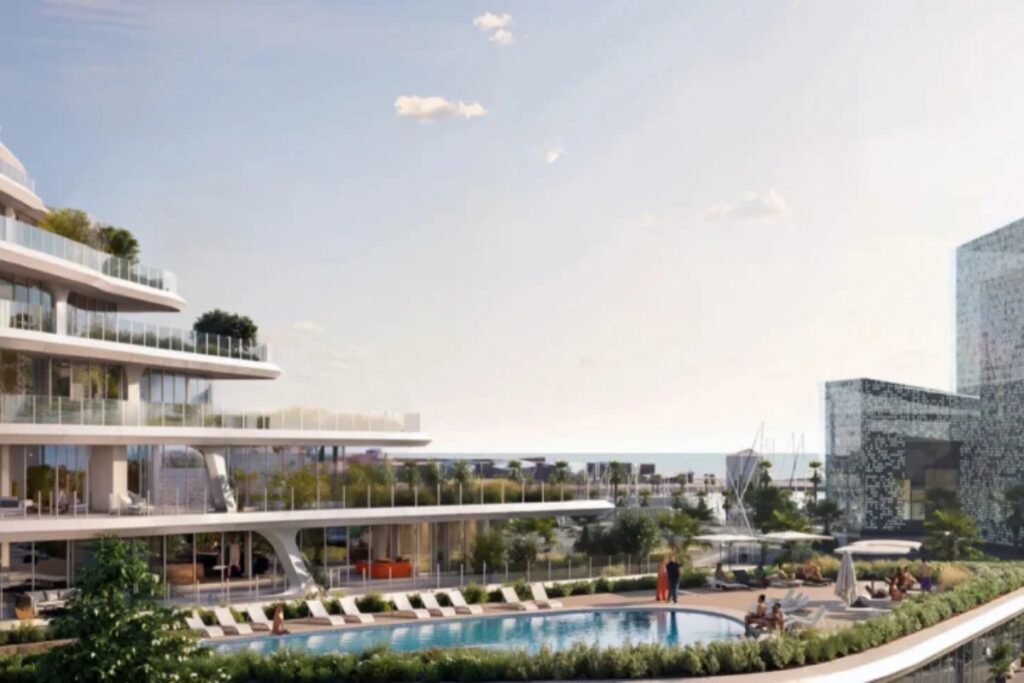 The broader master plan integrates landscaped public plazas, lush gardens, sheltered courtyards, and recreational amenities, ensuring the neighborhood offers both vibrancy and livability. / Photo via Zaha Hadid Architects