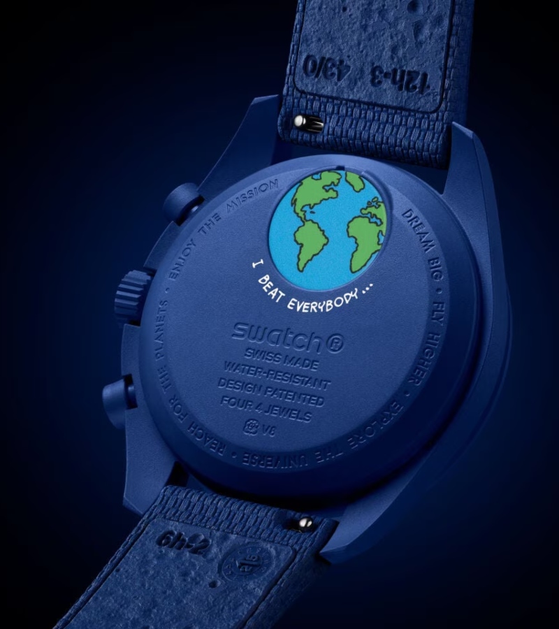 Under UV light, the phrase “I beat everybody…” appears—an homage to Omega’s Speedmaster triumphing over Rolex and Longines in NASA’s space race of the ’60s. / Photo Swatch