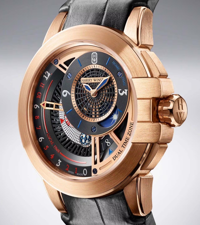 18K rose gold, 44 mm size, sapphire crystal back, and water resistance to 10 bar. / Photo via Harry Winston