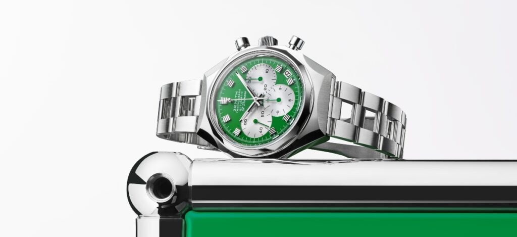 The watch features a 37.3 mm stainless steel case with an octagonal silhouette and a 14-sided bezel, reflecting the geometric purity characteristic of the USM Haller modular system introduced in 1965. / Photo via Zenith