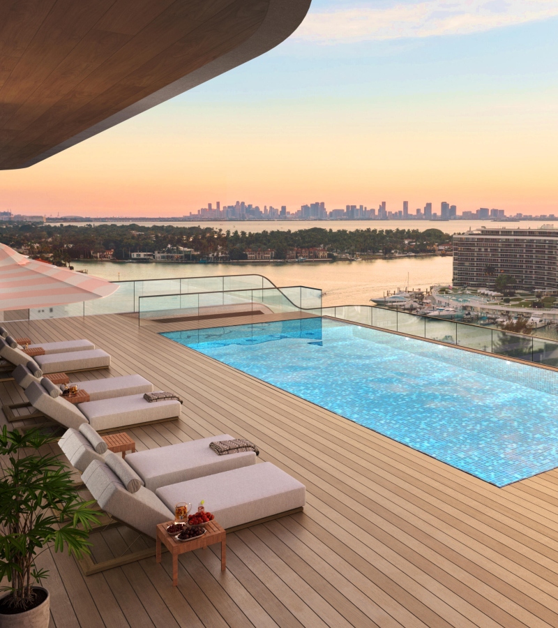 The wellness amenities include a sauna, cold plunge, fitness center, paddle/pickleball court, yoga and meditation deck, summer kitchen, and covered dining areas / Photo via Ella Residences