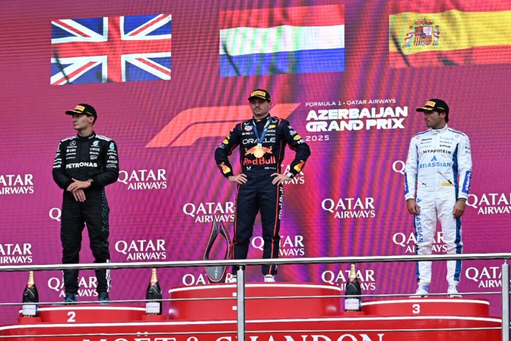 George Russell, battling illness throughout the weekend, impressed with a strong drive to second in his Mercedes, while Carlos Sainz delivered a memorable podium in third for Williams—his first since departing Ferrari at the end of last season /Photo via F1