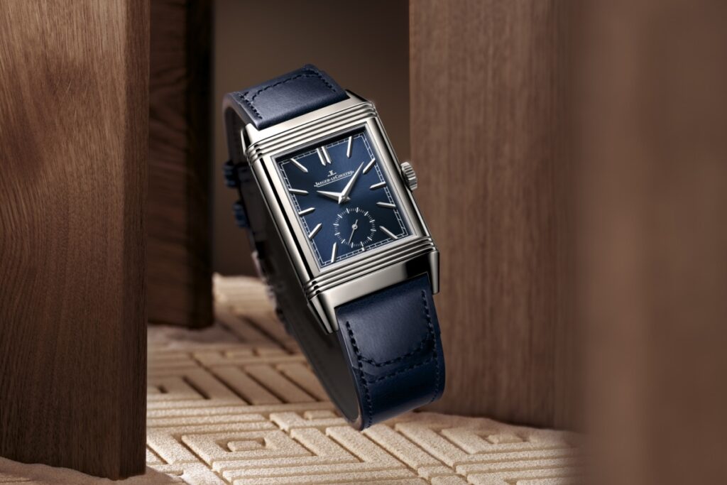 The 2025 Reverso Tribute Duoface Small Seconds incorporates the manually wound Calibre 854, featuring 160 components, a 42-hour power reserve, and two time zones / Photo via Jaeger-LeCoultre