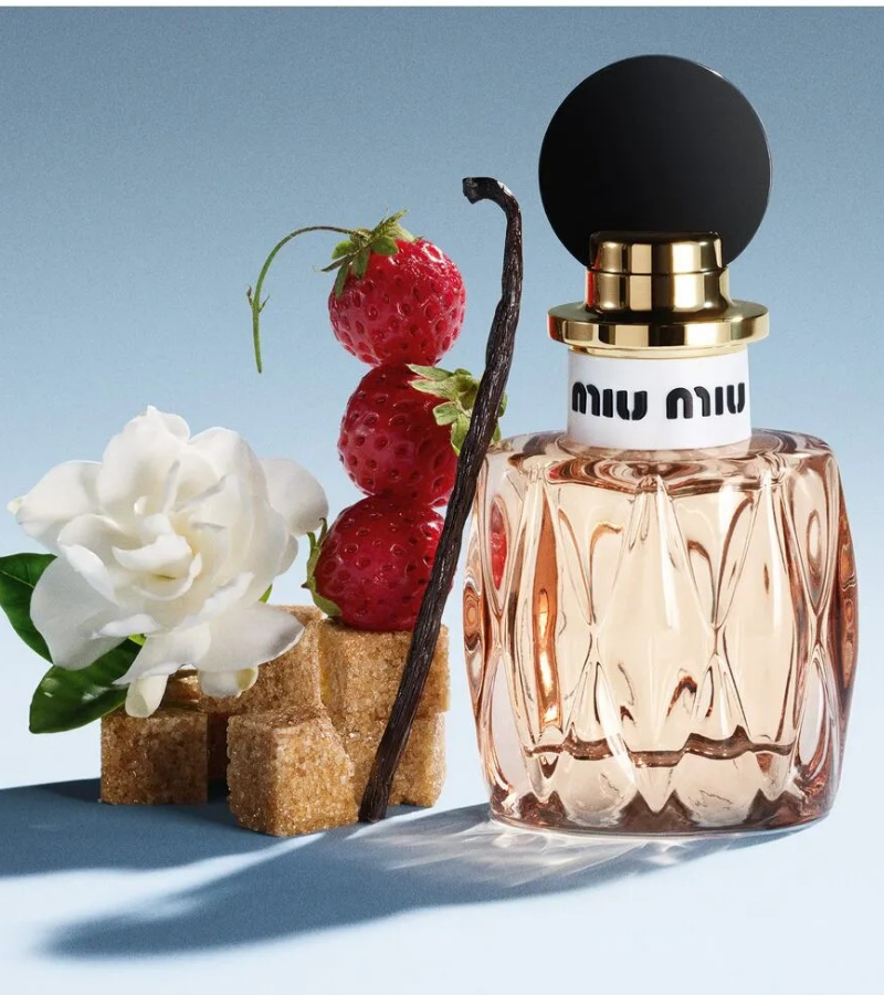 The scent opens with the rare Mara des Bois wild strawberry / Photo Miu Miu