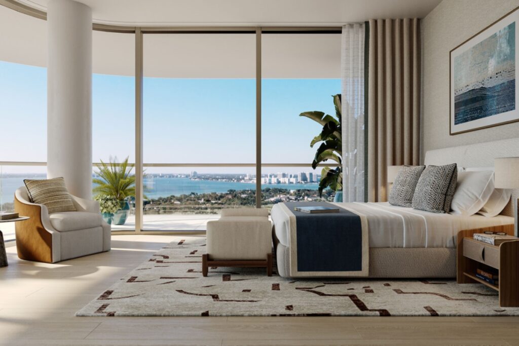 The residences are defined by direct, private elevator entry; ten-foot ceilings with floor-to-ceiling windows / Photo via The Perigon Miami Beach