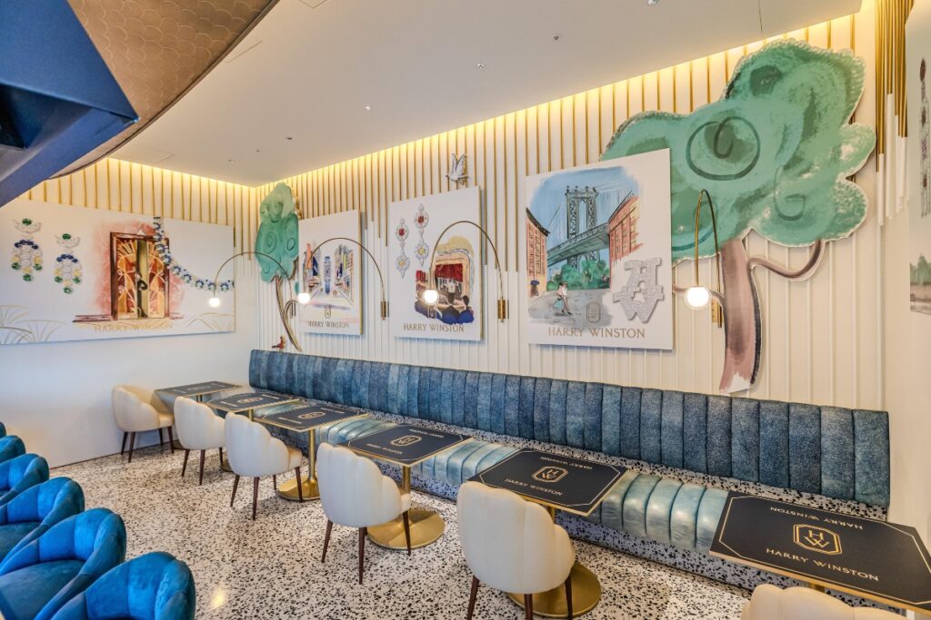 Guests can enjoy a curated selection of sweet and savory treats, including a special parfait inspired by the “Graffiti” design from the New York Collection. / Photo via Harry Winston