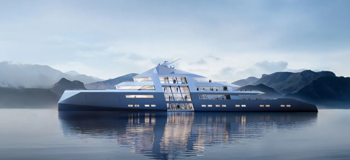 The engine room is located at the bow, freeing interior volume for larger guest areas. / Photo via Foster + Partners