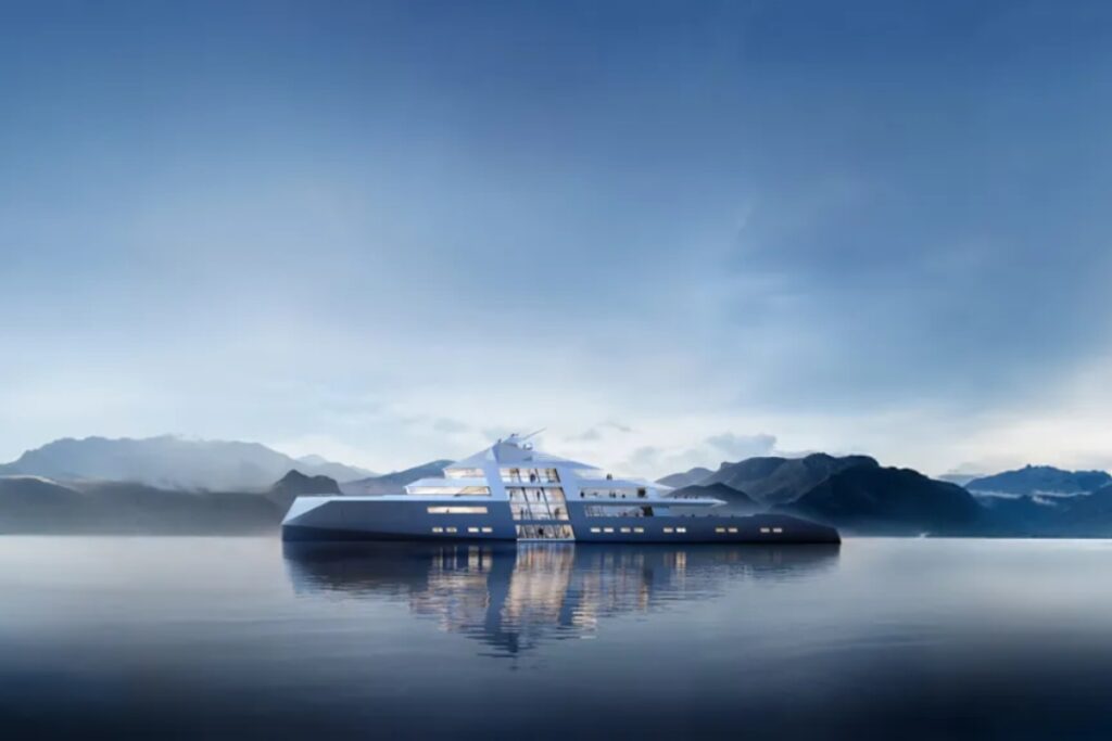 The Outlier I name fittingly captures the spirit of distinction and innovation behind this project. Developed in collaboration with Lateral Naval Architects, the design aims to strike what Foster + Partners describe as “a sweet spot in the megayacht market. / Photo via Foster + Partners