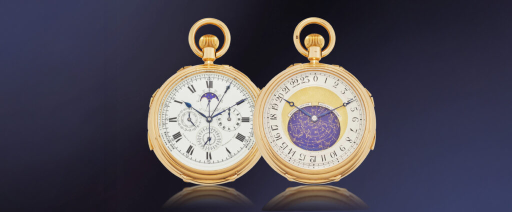 It includes a minute repeater, perpetual calendar, split-seconds chronograph, and a celestial chart of the London night sky. / Photo via Sotheby