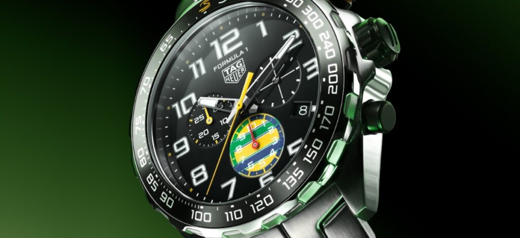 The 44mm automatic features black DLC-coated titanium and Brazilian accents; the 43mm quartz revives Senna’s iconic bracelet design. / Photo via TAG Heuer