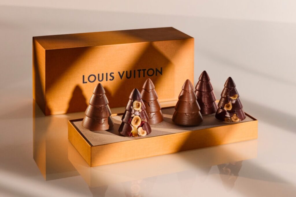 The holiday collection also includes three Chocolate Christmas Trees, each standing as a sculptural expression of flavor and form / Photo Louis Vuitton