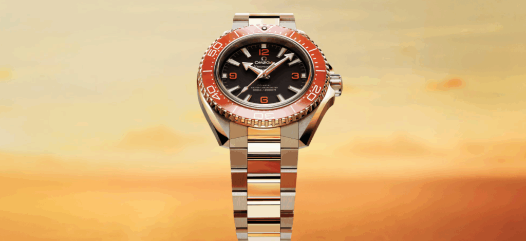 The orange ceramic bezel has been a signature design element of the Planet Ocean since its 2005 debut. / Photo via Omega