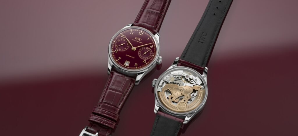 It features a burgundy dial, gold accents, and a galloping horse rotor, limited to 500 pieces. / Photo via IWC