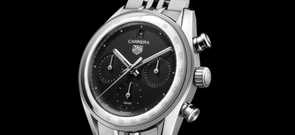 Minimalist monochrome dial, glassbox crystal, and discreet Fragment lightning bolt logos. / Photo via TAG Heuer