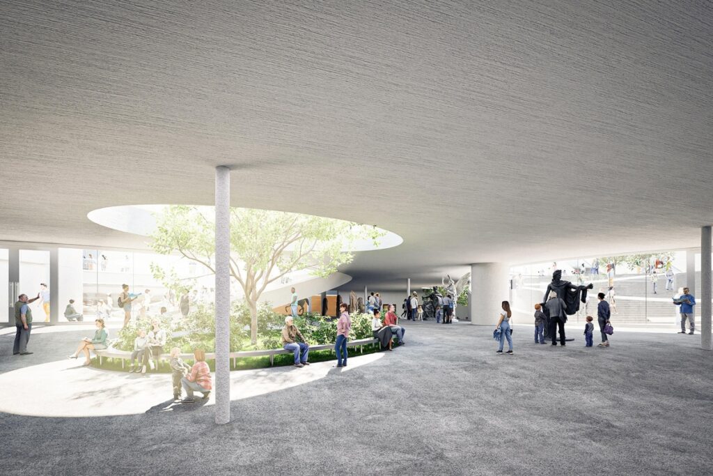 One of the project’s defining architectural gestures is the transformation of the existing curved roof into an extended canopy running along the harbor edge / Photo via LYT-X Studio